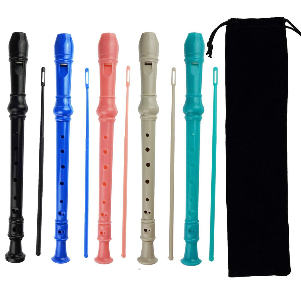Kasteco 5 Pack German Style 8 Hole-3 Piece Descant Soprano Recorders with Cleaning Rod, Black Storage Bag, ABS Material (black, blue, pink,ivory white, green) black, blue, pink,ivory white, green