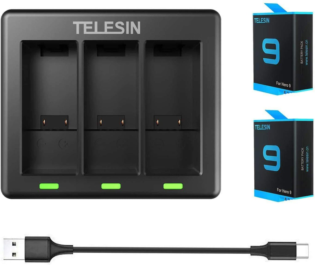 TELESIN 3 Channel Triple Battery Charger with 2-Pack Replacement Batteries withType-C Cable for GoPro Hero 9 Black, Fully Compatible with Go Pro 9 Original Charger and Battery (Charger + 2 Batteries) Charger + 2 batteries