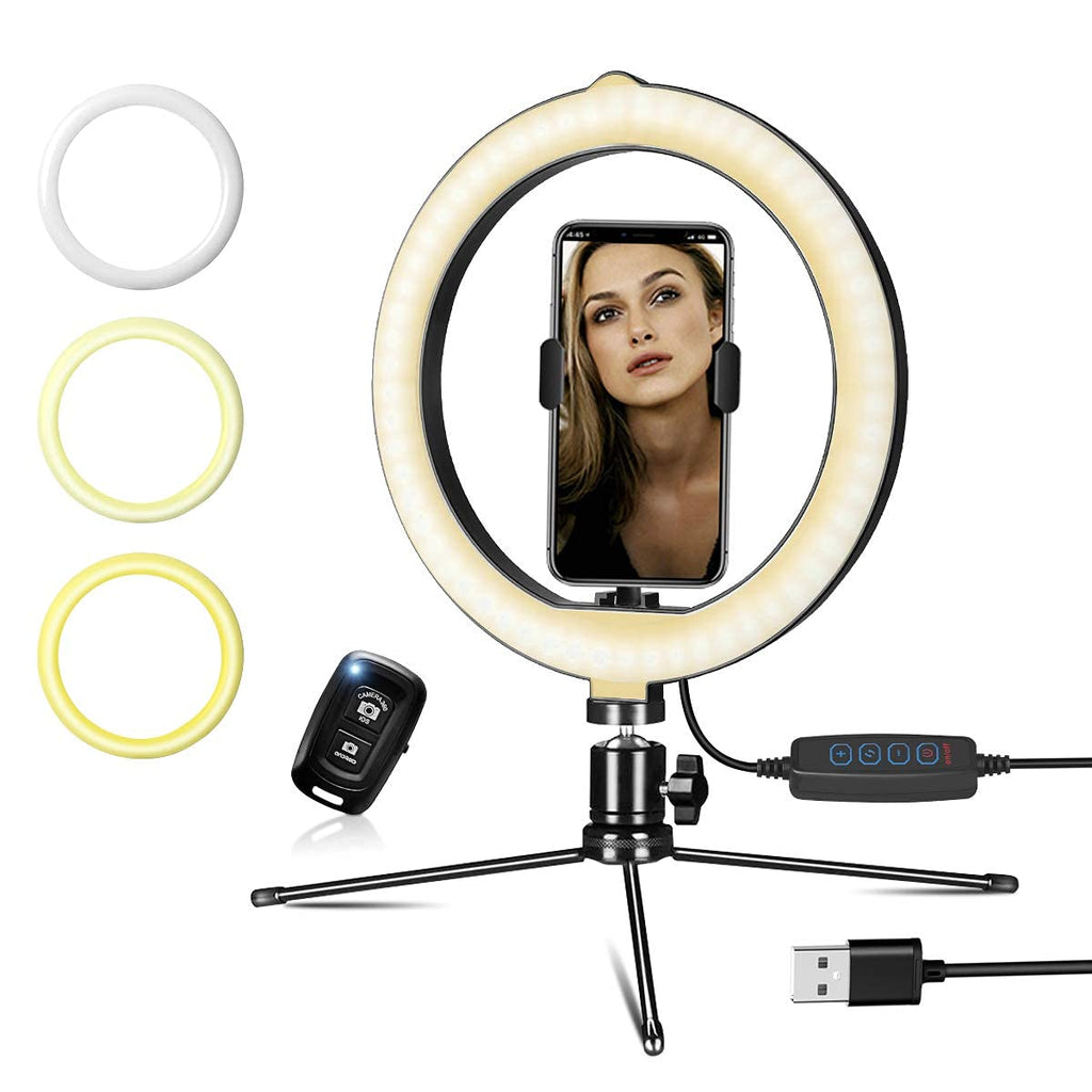 10" Selfie Ring Light for Live Stream/Makeup/TikTok/YouTube Video, Dimmable Desk and Phone Holder LED Circle Lights