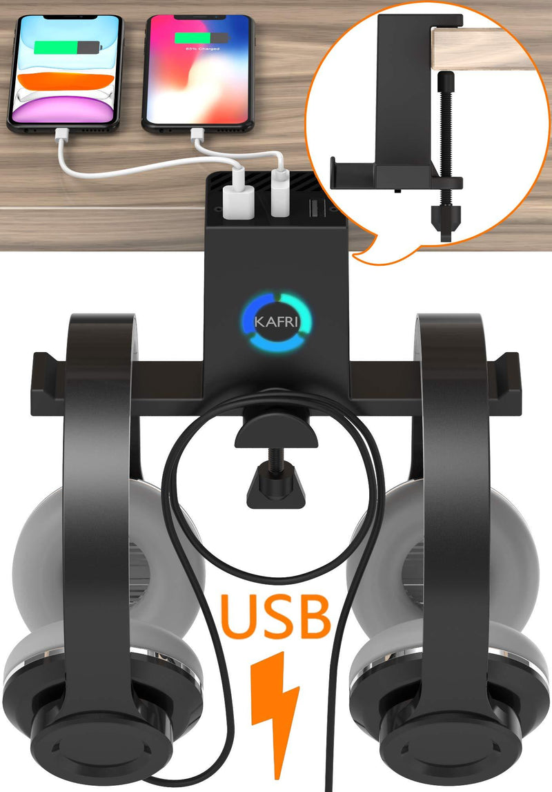 RGB Headphone Stand Hanger with USB C Charger, KAFRI Under Desk Dual Headset Holder Earphone Hook Mount Rack with 3 USB Charging Ports, PC Gaming Desk Accessories