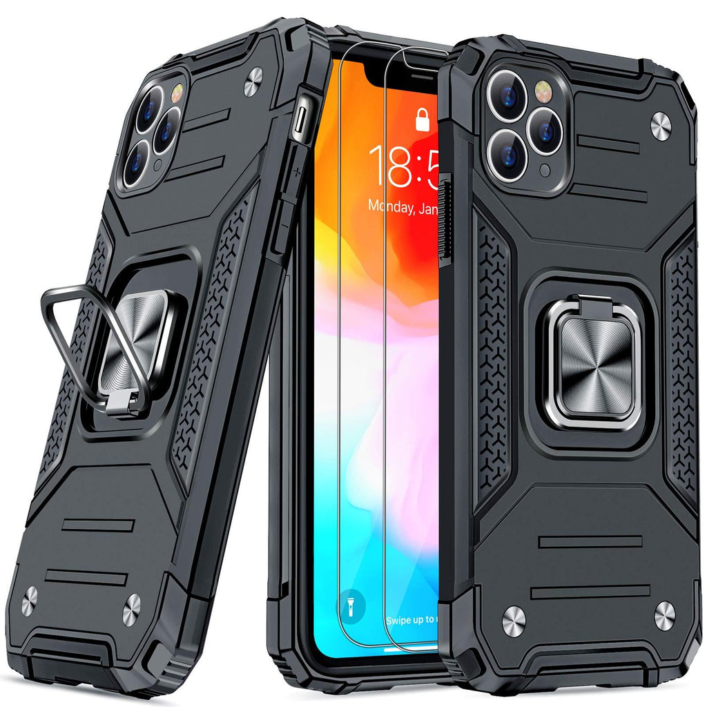 JAME Designed for iPhone 11 Pro Max Case with Screen Protector x 2, Military-Grade Drop Protection, Shockproof Protective Phone Cases Cover Car Mount Ring Kickstand Case for iPhone 11 Pro Max 6.5 Inch BLACK-11 Pro Max