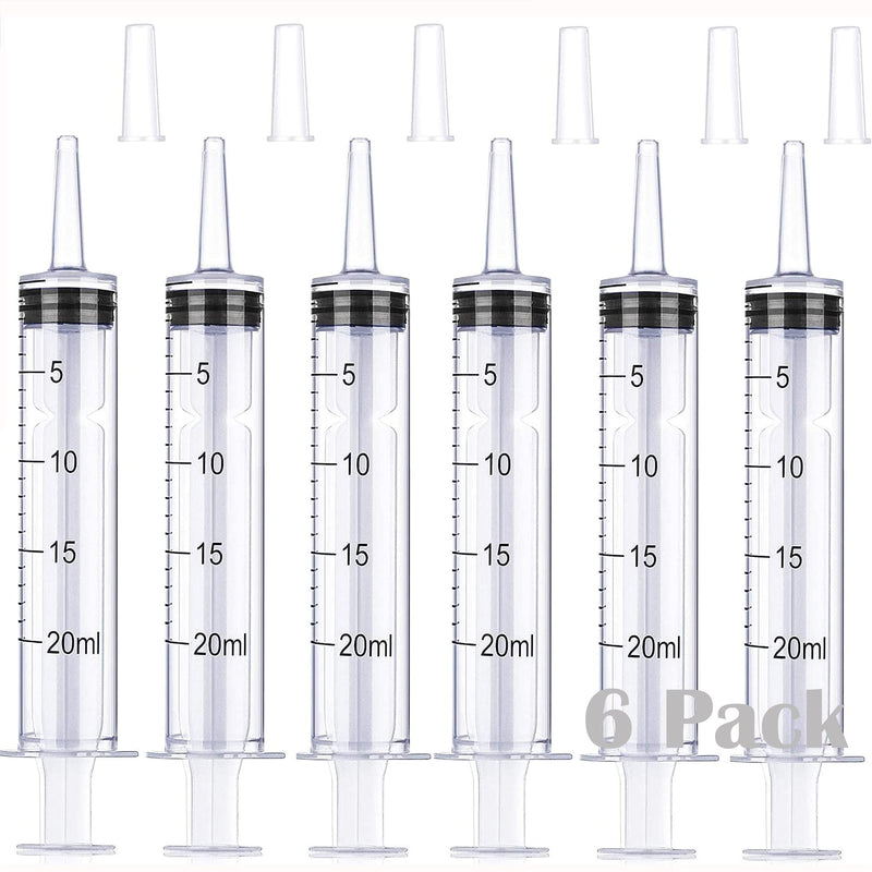 6 Pack 20ml Plastic Syringe with 6 caps, Large syringes without needle for Scientific Labs,pipettes, irrigation,feeding ,food ,jello shot,Multiple Uses Tools