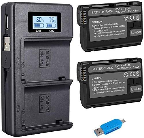 PALO EN-EL15 Replacement Batteries with Charger for Nikon d750, d7500, d850, d800 and More (2-Pack 2500mAh Replacement Battery, Micro USB Input Charger，100% Compatible with Original)