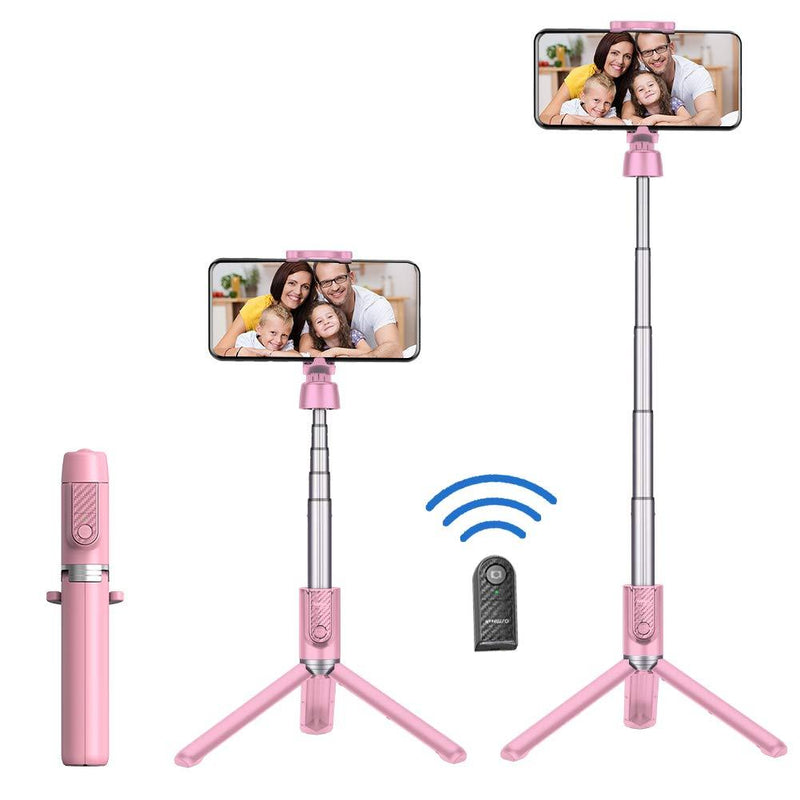 HOTKAY Selfie Stick Tripod,Portable All-in-one Aluminum Expandable Phone Tripod, Bluetooth Remote Compatible with Apple & Android Devices, Non Skid Tripod Feet(Pink) pink