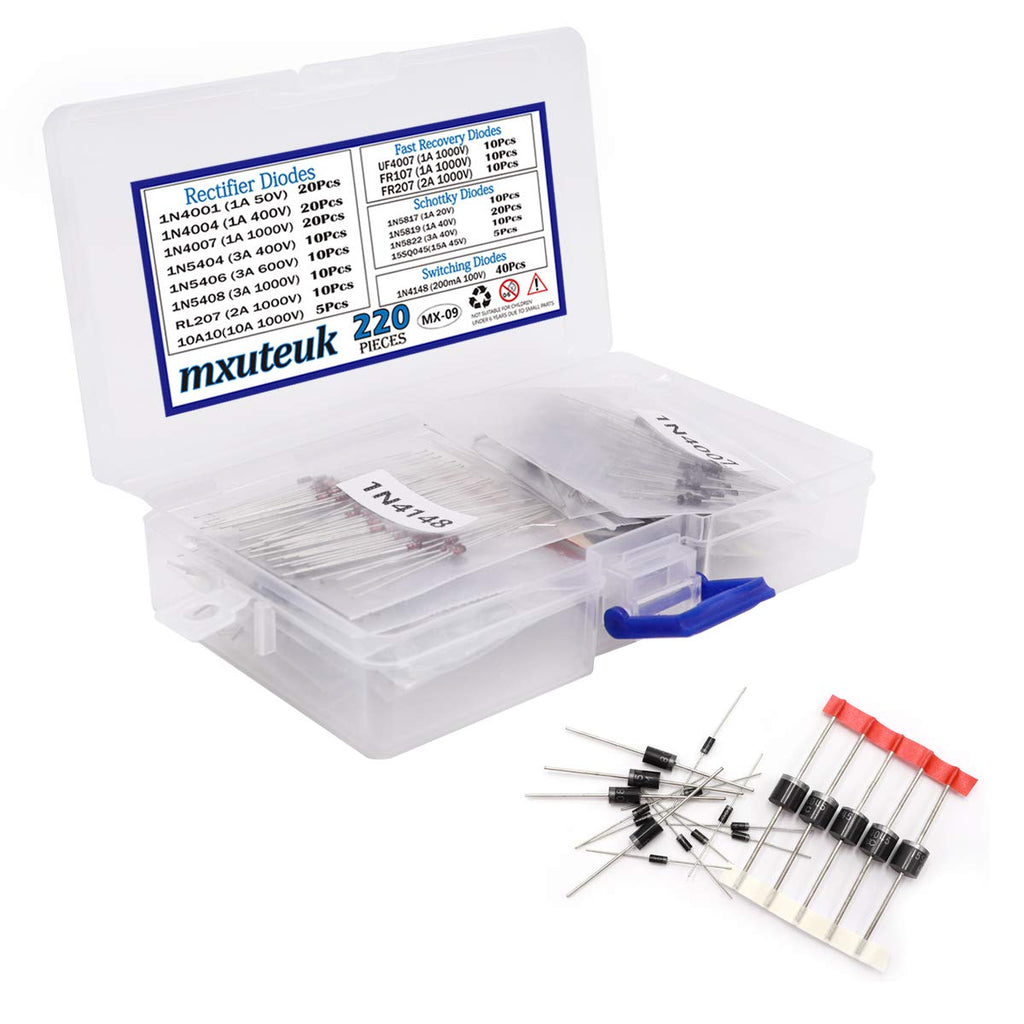 mxuteuk 16 Value 220Pcs Diode Assortment Kit Rectifier (1N4001-1N5408 RL207 10A10)/Fast Recovery (UF4007 FR107 FR207)/ Schottky (1N5817 1N5819 1N5822 15SQ045)/Switching Diode 1N4148 MX-9