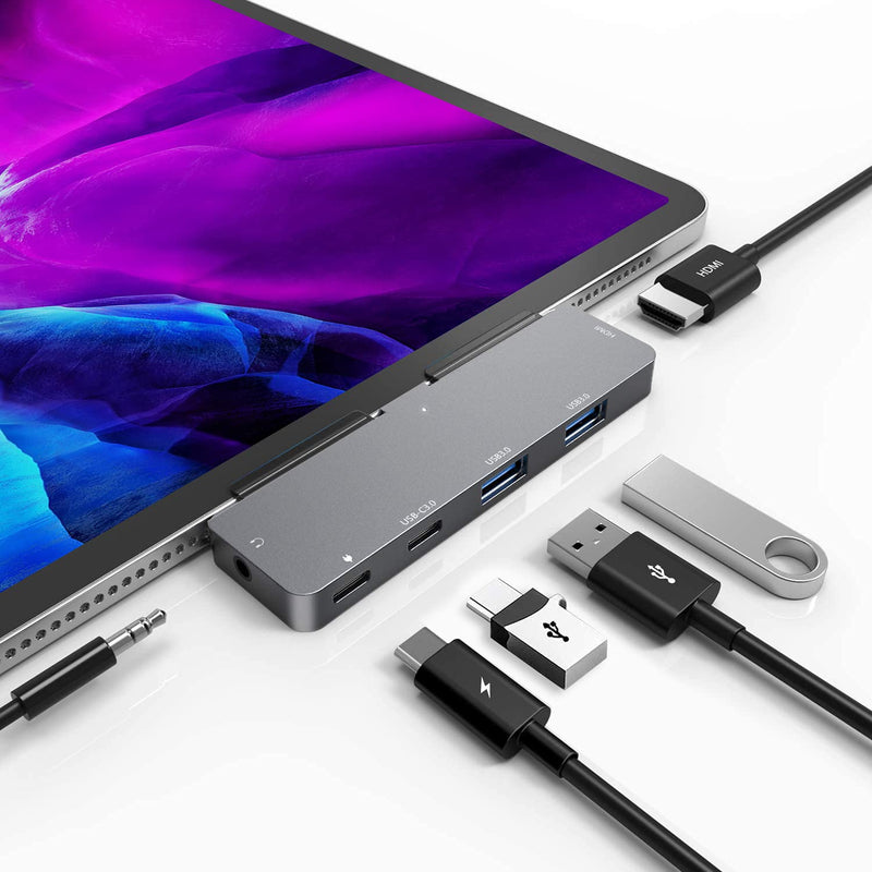 USB C HUB for iPad Pro 11/12.9" 2021 2020 2018,Adapter for iPad Air 4,6 in 1 iPad Pro Hub with 4K HDMI,3.5mm Headphone Jack,2 USB3.0 Ports,USB C PD Charging&Data,USB C Earphone Jack