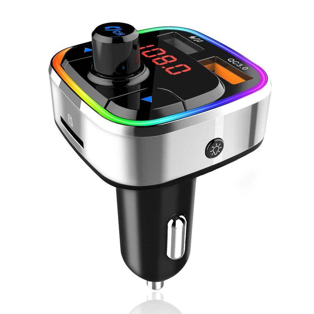 Bluetooth 5.0 Car FM Transmitter,QC3.0 Wireless Bluetooth Car Adapter Mp3 Music Player Car Kit with Hands-Free Calling and 2 USB Charge,LED Backlit,Play TF Card/USB for All Smartphones Audio Players Silver