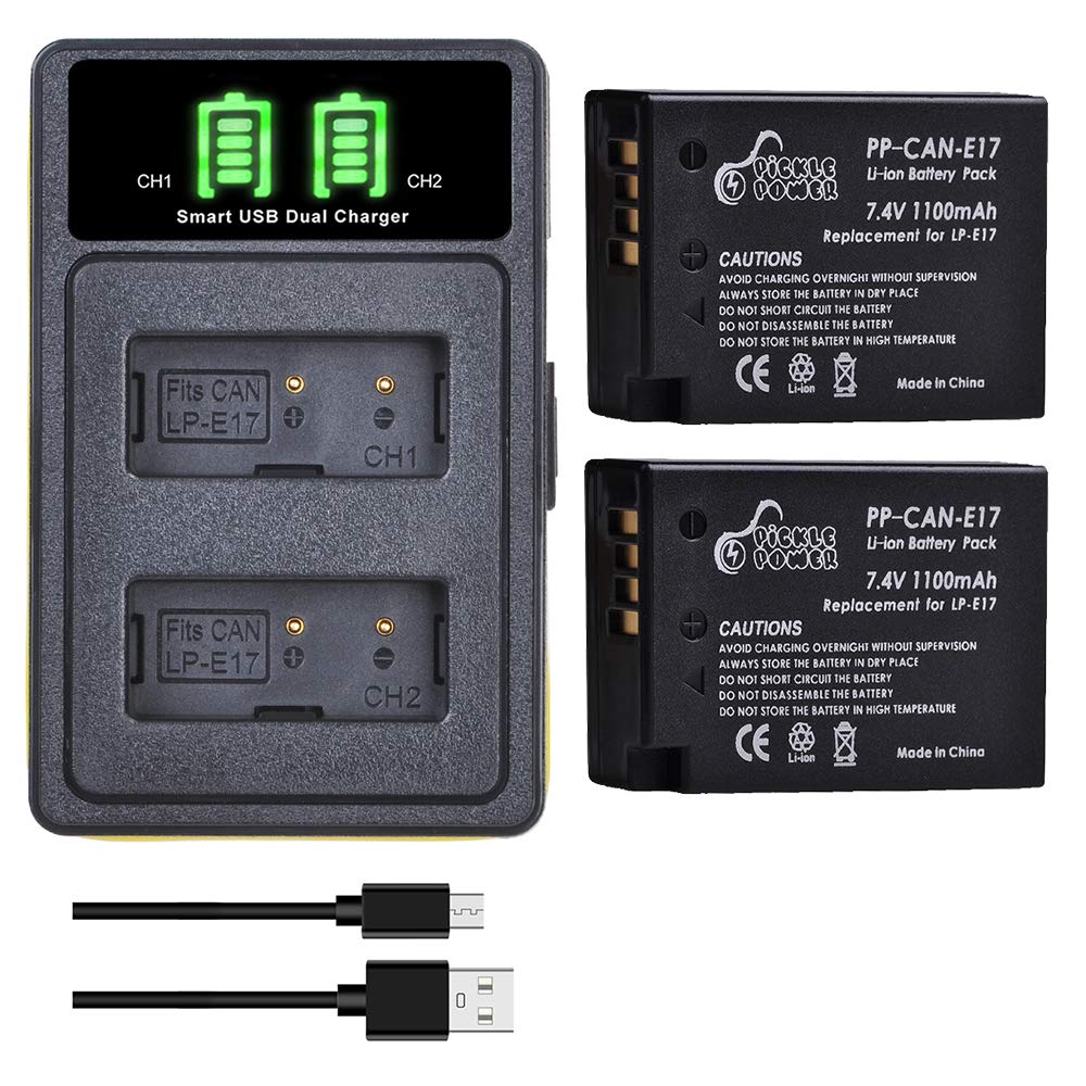 Pickle Power LP-E17 Battery(2 Pack) and LED Dual Charger with Type-C Charging Port for Canon Rebel SL2,T8i,T7i,T6i,T6s,SL3,EOSM3,M5,M6,EOS 200D,77D,750D,760D,800D,8000D SLR Camera