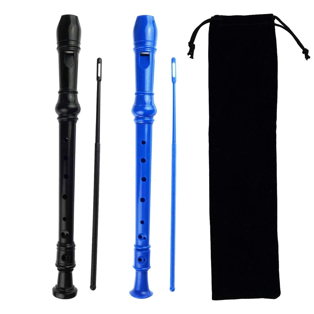 Kasteco 2 Pack Descant Soprano Recorders German Style 8 Hole with Cleaning Rod, Black Storage Bag (Black and Blue) Black and Blue