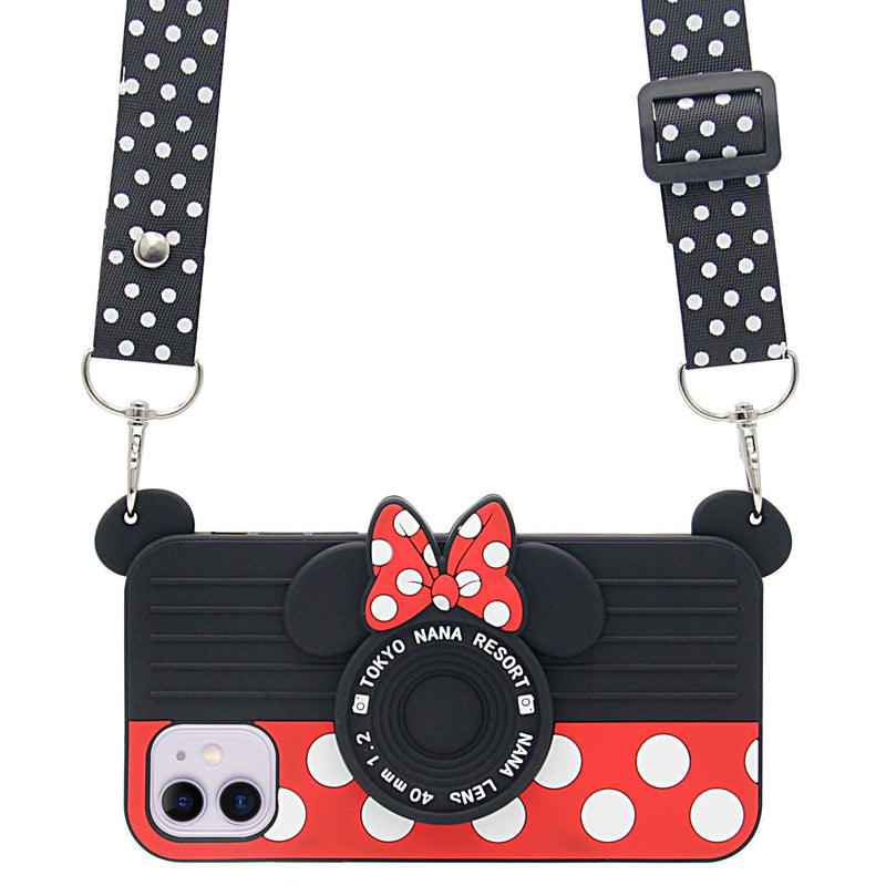 MC Fashion iPhone 12 Mini Case, Cute 3D Minnie Mouse Camera Case with Polka Dots Lanyard, Shockproof Protective Soft Silicone Case for iPhone 12 Mini 5.4 inch 2020