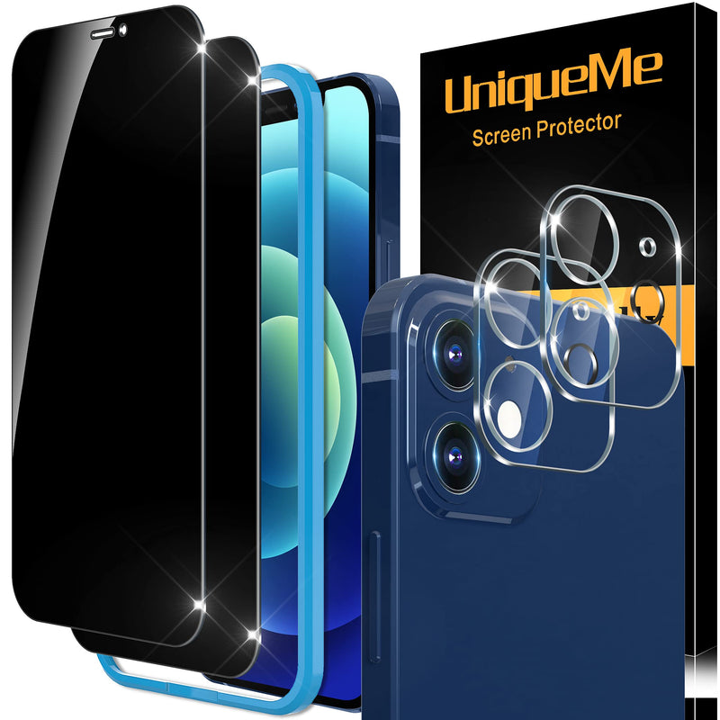[2+2 Pack] UniqueMe Compatible with iPhone 12 6.1", Privacy Tempered Glass Screen Protector and Camera Lens Protector, Anti Spy 9H Hardness [Easy Installation Frame] [Precise Cutout]