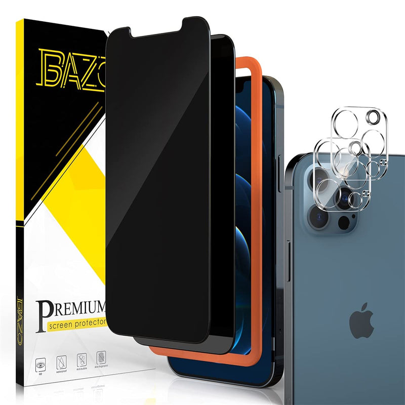 [2+2 Pack] BAZO Compatible for iPhone 12 Pro Max 6.7 Inch - Privacy Screen Protector and Camera Lens Protector with Easy Installation Frame - Anti Glare 9H Hardness Tempered Glass Film [Case Friendly]
