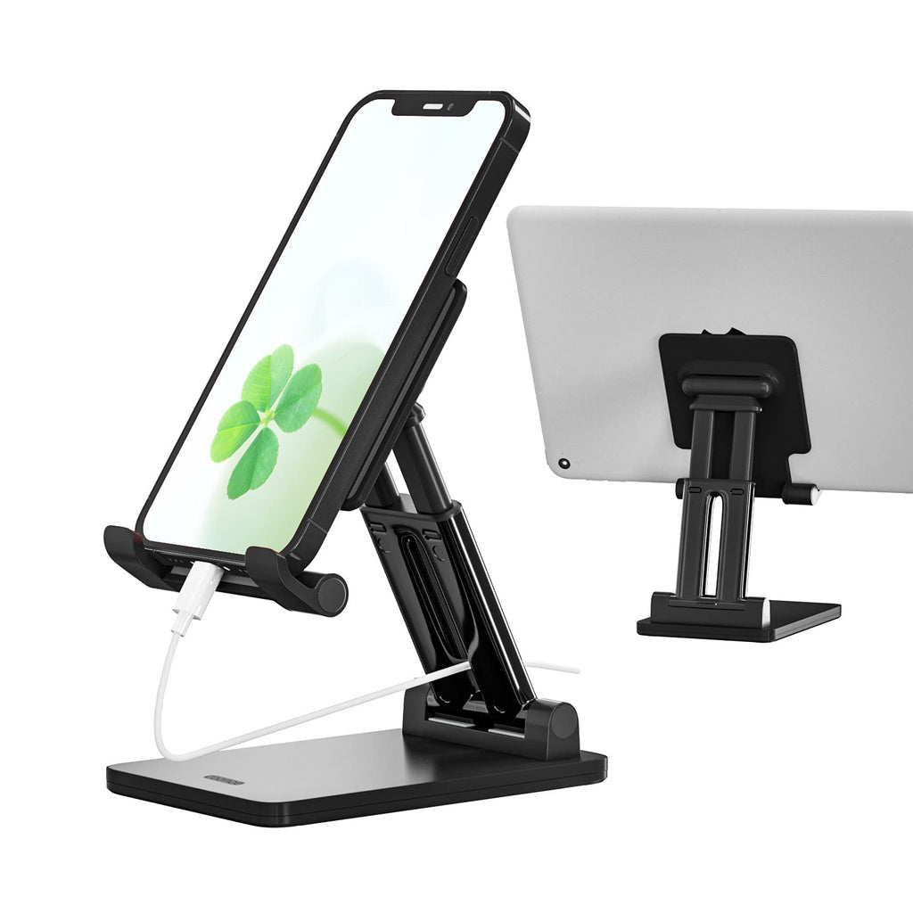 Foldable Cell Phone Stand for Desk, Angle & Height Adjustable Desk Phone Stand Holder with Stable Anti-Slip Design, Compatibel with iPhone 12/12 Pro/11/Smartphones/iPad Mini/Kindle/Tablet - Black