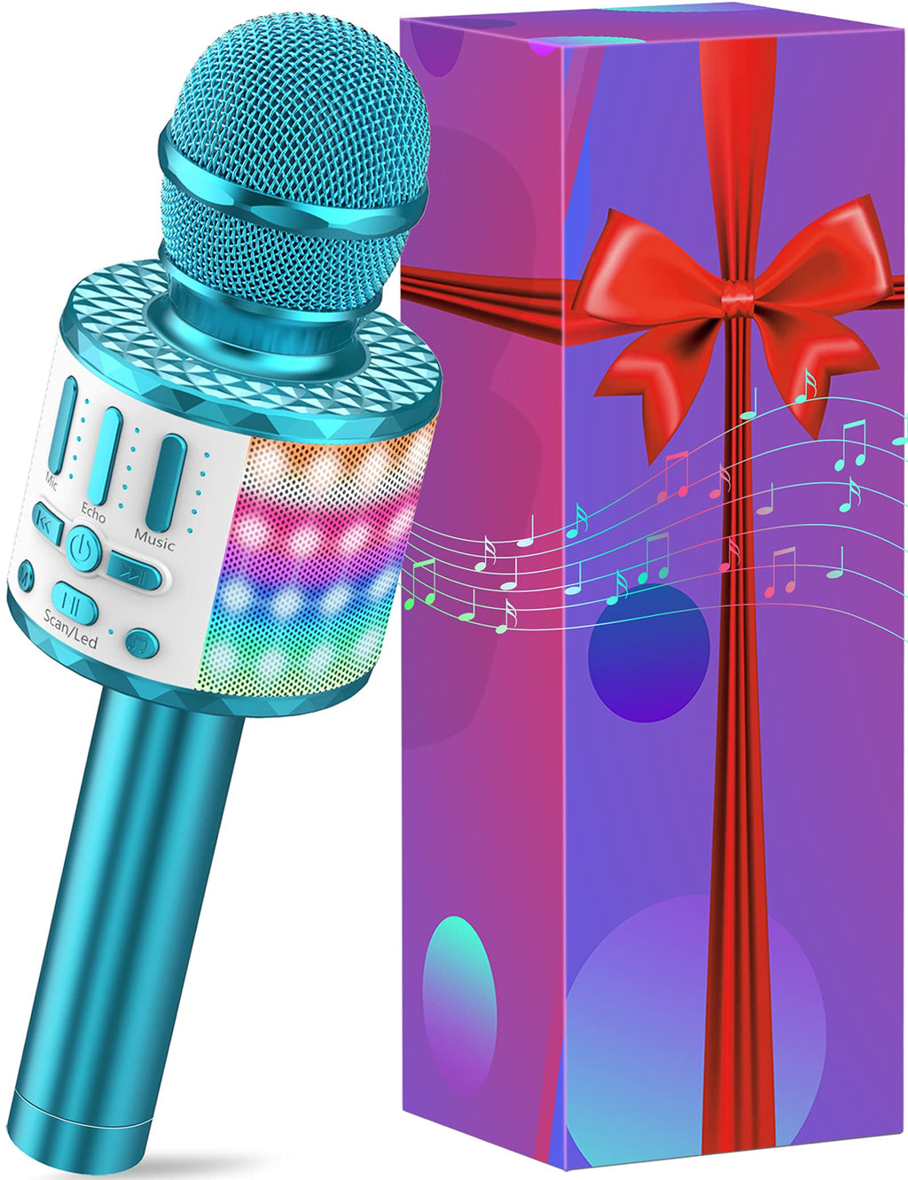 Wireless Karaoke Microphone for Kids, Bluetooth Microphone with LED Lights for Singing, Birthday Gifts Christmas Stocking Toys for 3 4 5 6 7 8 9 10-14 Year Old Boys Girls Blue