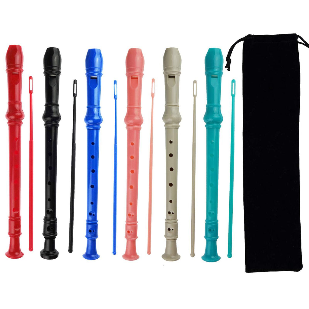Kasteco 6 Pack German Style 8 Hole-3 Piece Descant Soprano Recorders with Cleaning Rod, Black Storage Bag, ABS Material (red,black, blue, pink,ivory white, green) red,black, blue, pink,ivory white, green