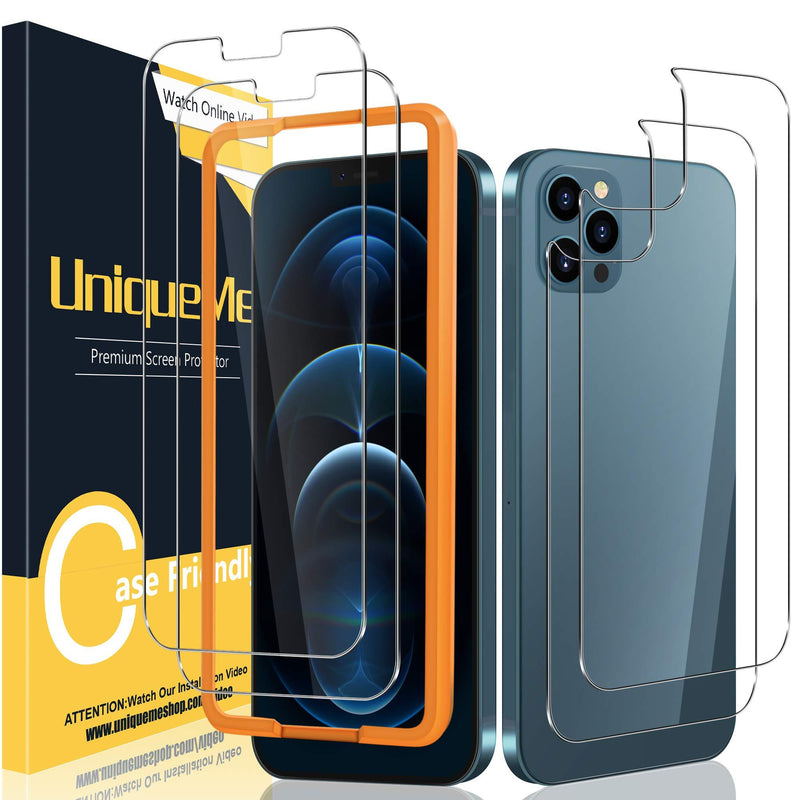 [2+2 Pack] UniqueMe Front and Back Screen Protector Compatible with iPhone 12 / iPhone 12 Pro 6.1 inch Tempered Glass [U-Shaped Cutout][Easy Installation Frame] HD Clear [Anti-Scratch][Bubble Free]