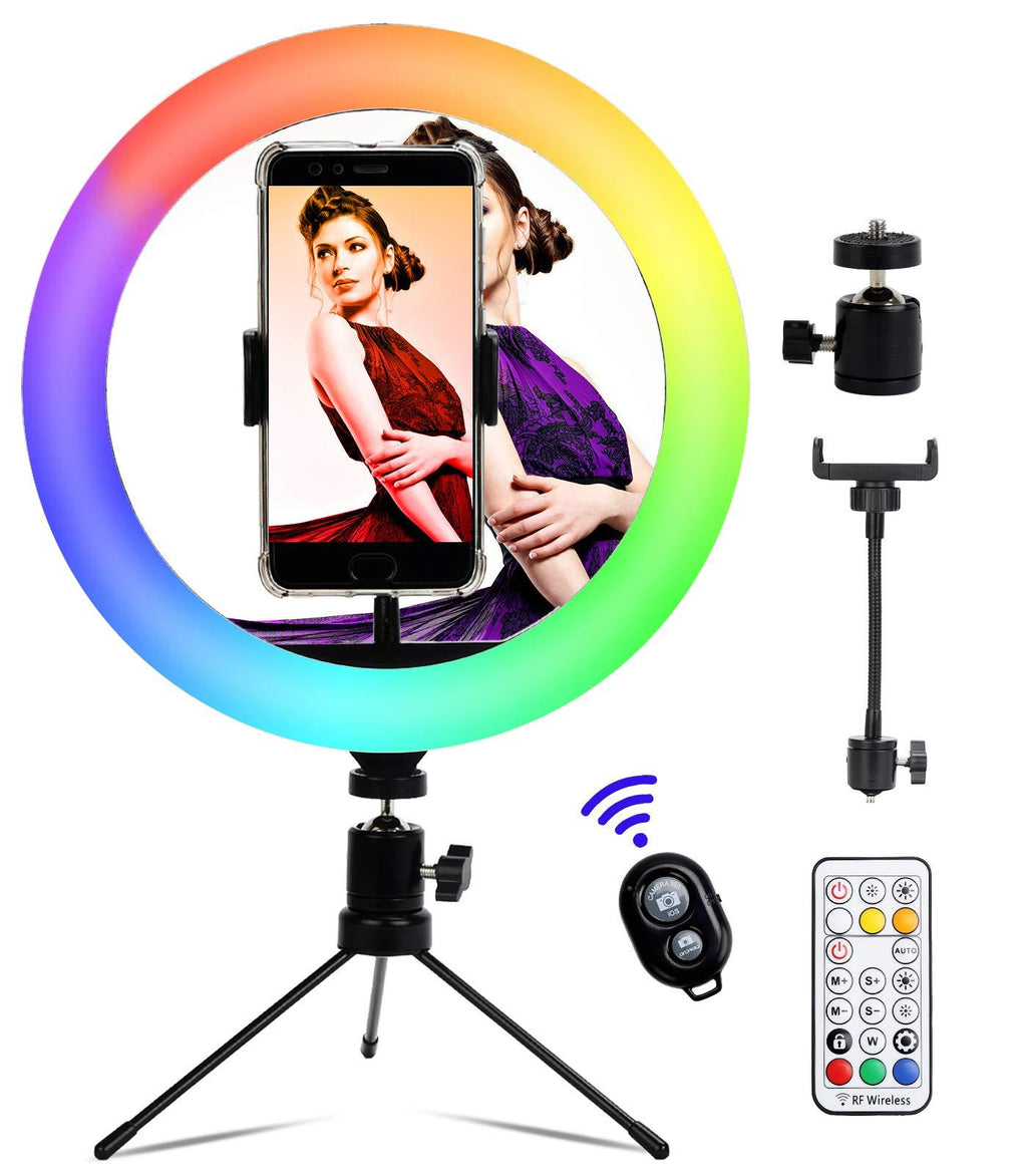 10" RGB Ring Light with Tripod Stand, Dimmable Desk Makeup Selfie Ring Light, LED Light Ring with Cell Phone Holder for Live Stream/YouTube/Video/Makeup, 25 Colors&3 Light Modes&9 Brightness Level 10-RGB ring light