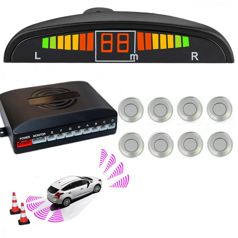 TOTMOX Silver 8 Sensors Car Front and Rear LED Display Reverse Parking Kit Buzzer Alarm Silver Front and Rear