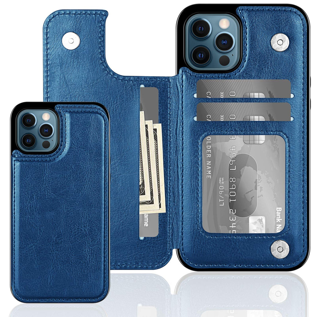 iPhone 12 Pro Case Wallet 3 Credit Cards Slot iPhone 12 Cases Cash Pocket Magnetic Closure PU Leather Cover ID Card Holder Soft TPU Bumper Folio Flip Phone Case for iPhone 12/12 Pro 6.1'' Blue