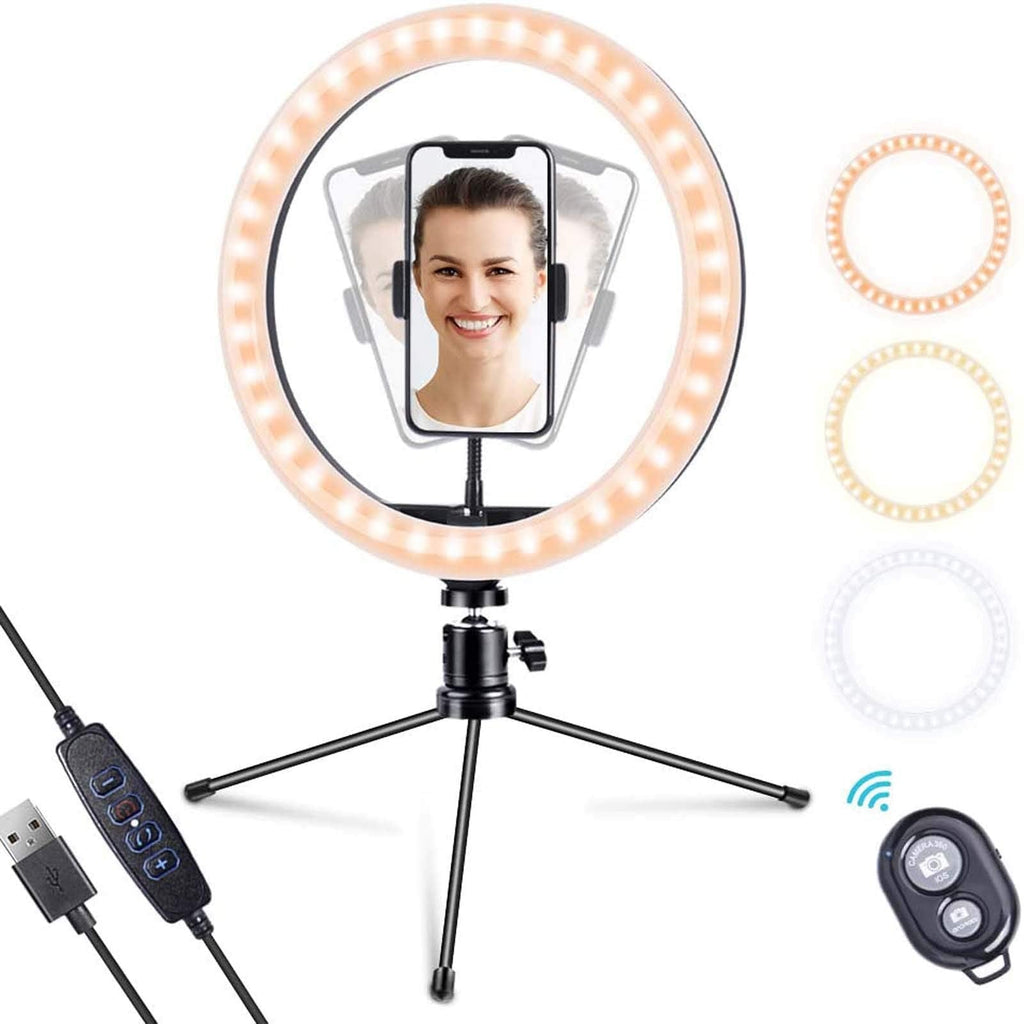 Selfie LED Ring Light 10'' with Tripod Stand & Phone Holder & Remote Control for TikTok YouTube Video, Dimmable Desk LED Ring Light for Video/Live Stream/Makeup/Photography