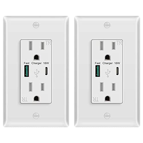 MFE USB Outlets (2 Pack), USB Type C/A Wall Outlet USB Electrical Outlet Duplex Receptacle Power Outlet, Type C Supports PD & QC 3.0 15A Tamper-Resistant AC Outlets, ETL Listed 2 Packs