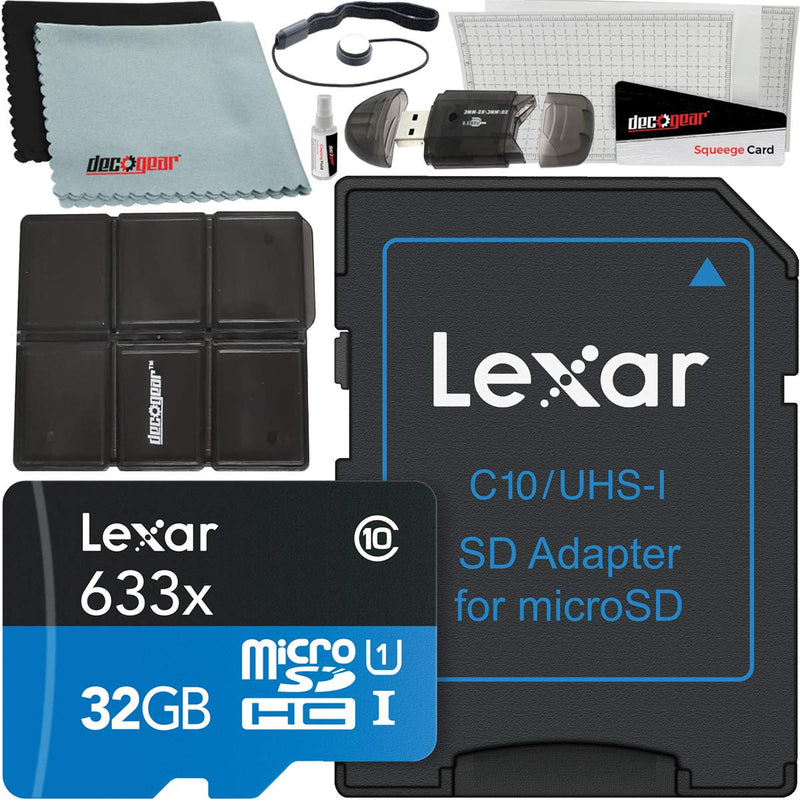 Lexar High-Performance 633x 32GB MicroSDHC UHS-I Memory Card with SD Adapter LSDMI32GBBNL633A Bundle w/Deco Gear Accessories Kit SD Reader & Case + LCD Screen Covers + Microfiber Cloth & More
