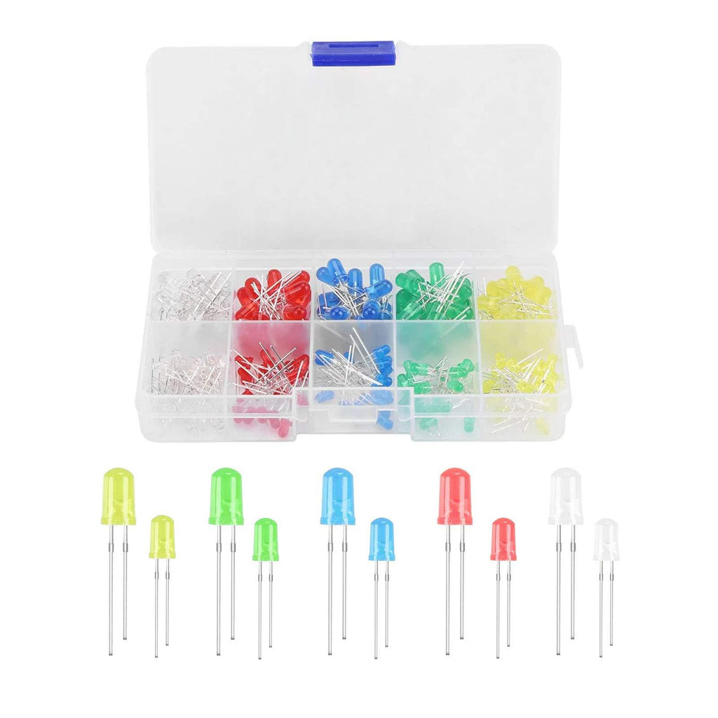 LED Diode Lights,300Pcs 3mm and 5mm Bright Round LED Lights Emitting Diodes Assortment Kit 5 Colors Red/Yellow/Blue/Green/White