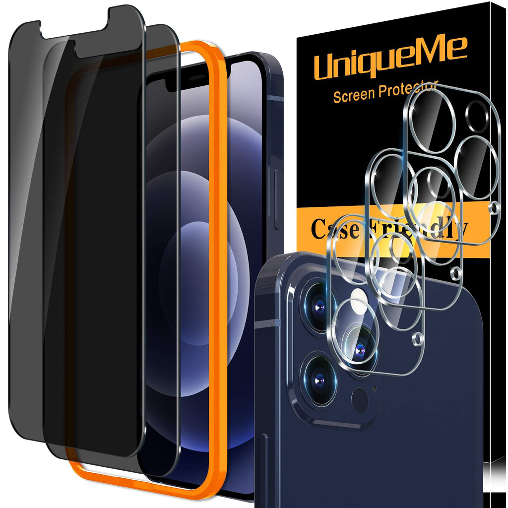 [2+3] UniqueMe Screen Protector Compatible with iPhone 12 Pro 6.1 [Not for iPhone 12 ], Anti-spy Privacy Tempered Glass and Camera Lens Protector, [Installation Frame] [U-Shaped Cutout]