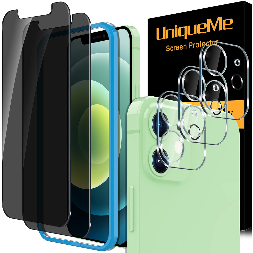 [2+3 Pack] UniqueMe Compatible with iPhone 12 Mini 5.4", Privacy Screen Protector Tempered Glass and Camera Lens Protector, Anti Spy [Easy Installation Frame] 9H Hardness [U-Shaped Cutout]