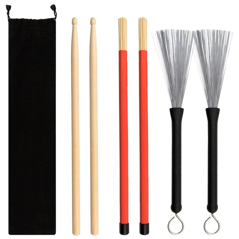 Drum Sticks 1 Pair 5A Maple Wood Drum Sticks,1 Pair Retractable Drum Wire Brushes and 1 Pair Rods Drum Brushes set for Kids, Adults, Rock Band, Jazz Folk Students with Portable Storage Bag