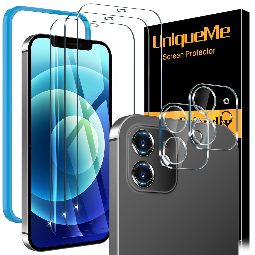 [5 Pack] UniqueMe Screen Protector Compatible with iPhone 12 6.1 [Not for iPhone 12 Pro], 3 Pack Clear Tempered Glass and 2 Pack Camera Lens Protector,[Installation Frame][Precise Cutout]