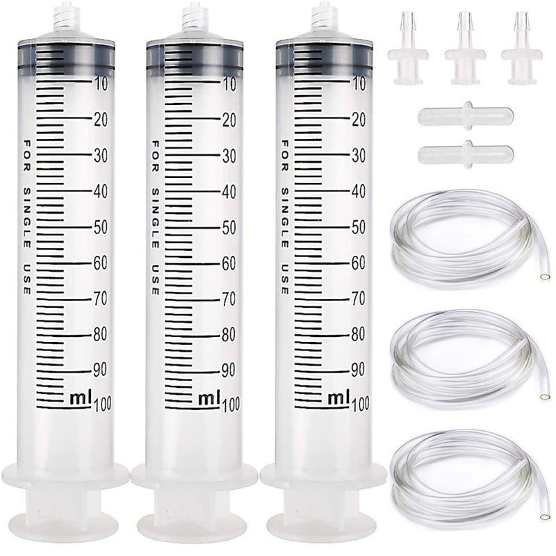 3 Pack 100ml/cc Large Plastic Syringe with 3Pcs 3.2ft Handy Plastic Tubing and Luer Connections, Tubing Connnector for Scientific Labs, Measuring, Watering, Refilling, Filtration, Feeding