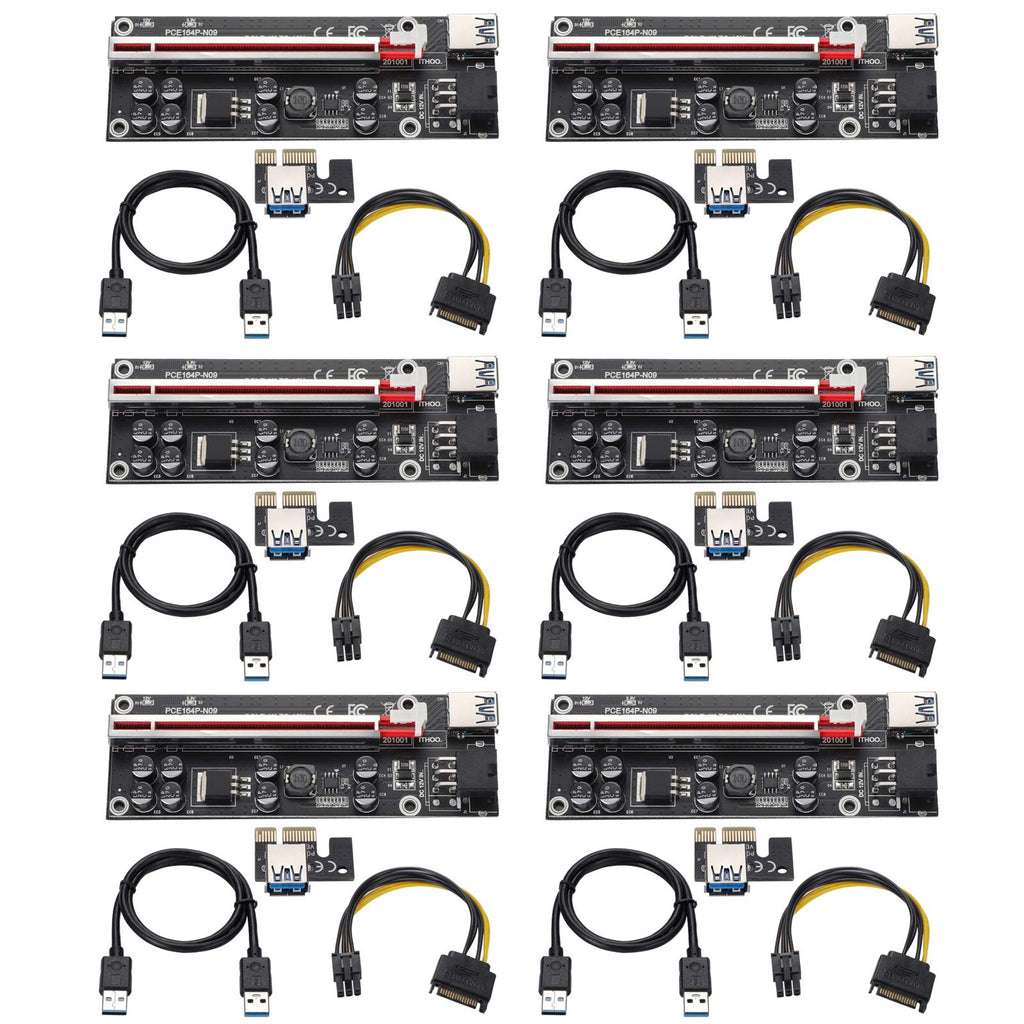 BEYIMEI PCI-E 1X to 16X Riser Card, with 0.6 m USB 3.0 Extension Cable & 6PIN SATA Power Cable - GPU Extender Riser Card - for Bitcoin Ethereum Mining ETH (VER009S,6 Pack) PCI-E 1X to 16X Riser Card(VER009S-PLUS)