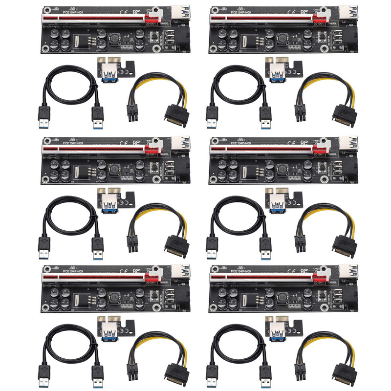 BEYIMEI PCI-E 1X to 16X Riser Card, with 0.6 m USB 3.0 Extension Cable & 6PIN SATA Power Cable - GPU Extender Riser Card - for Bitcoin Ethereum Mining ETH (VER009S,6 Pack) PCI-E 1X to 16X Riser Card(VER009S-PLUS)