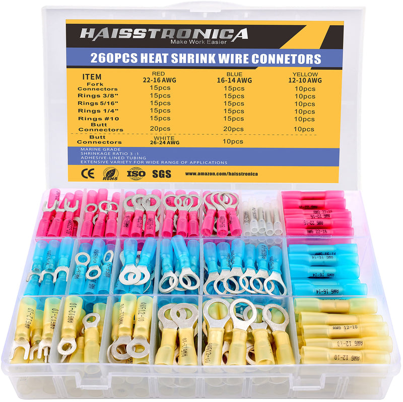 haisstronica 260PCS Heat Shrink Wire Connectors-Marine Grade Heat Shrink Butt Connectors-Electrical Connectors Kit of Tinned Red Copper,AWG 26-10 Crimp Insulated Ring Fork Butt Splice(4Colors/6Size) 260PCS Kit