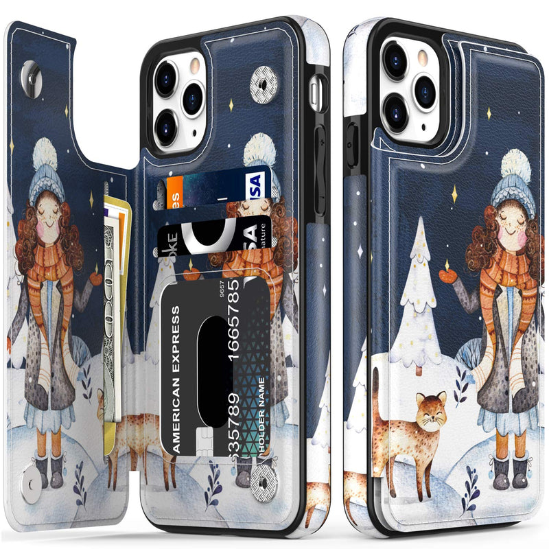 LETO iPhone 11 Pro Case,Leather Wallet Case Flip Folio Cover with Fashionable Designs for Girls Women,with Kickstand Card Slots,Protective Phone Case for iPhone 11 Pro 5.8" A Girl and Cat