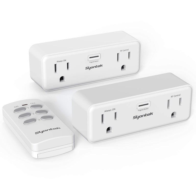 Syantek Wireless Remote Control Outlet for Home Appliances, Remote Switch Outlets up to 100ft Range, Programmable Remote Control Plug Outlet Kit, FCC Certified, White (2 Outlets + 1 Remote)