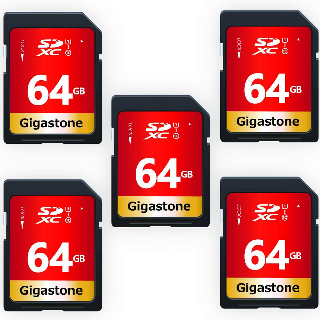 Gigastone 64GB 5-Pack SD Card UHS-I U1 Class 10 SDXC Memory Card High Speed Full HD Video Canon Nikon Sony Pentax Kodak Olympus Panasonic Digital Camera SD 64GB U1 5-Pack