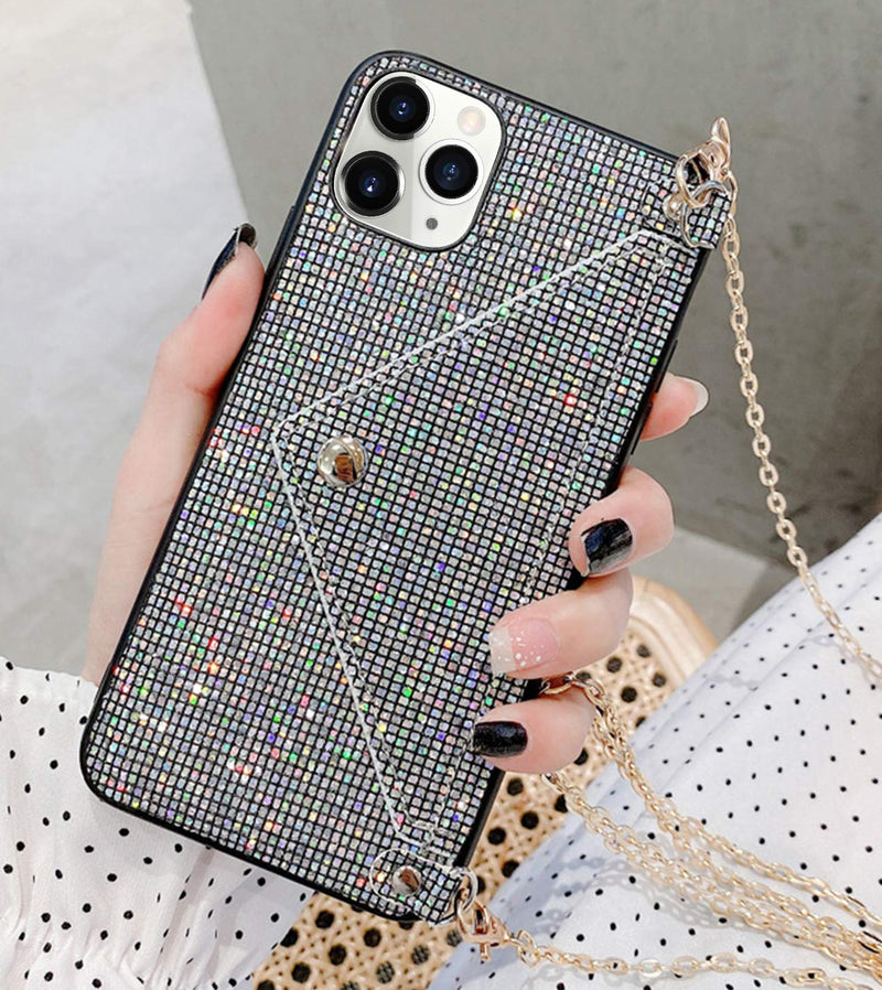 Omorro for iPhone 12 Pro Bling Case for Women, Glitter Diamond Sequins Case Small Credit Card Cash Holder Wallet Case with Shiny Crossbody Chain Hard PC Back Protective Girly Stand Case Black