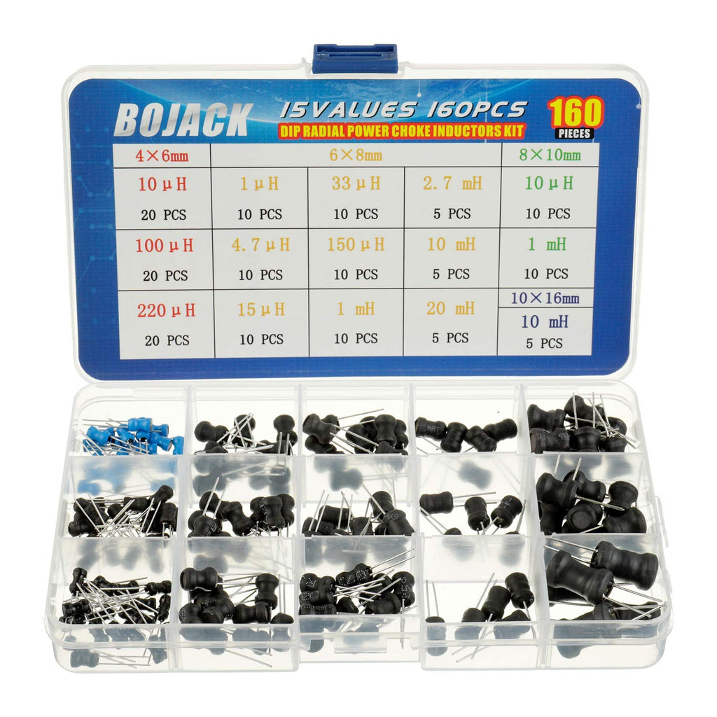 BOJACK 15 Values 160 Pcs Inductor 10 uH to 20 mH DIP Radial Power Choke Inductors Assortment Kit
