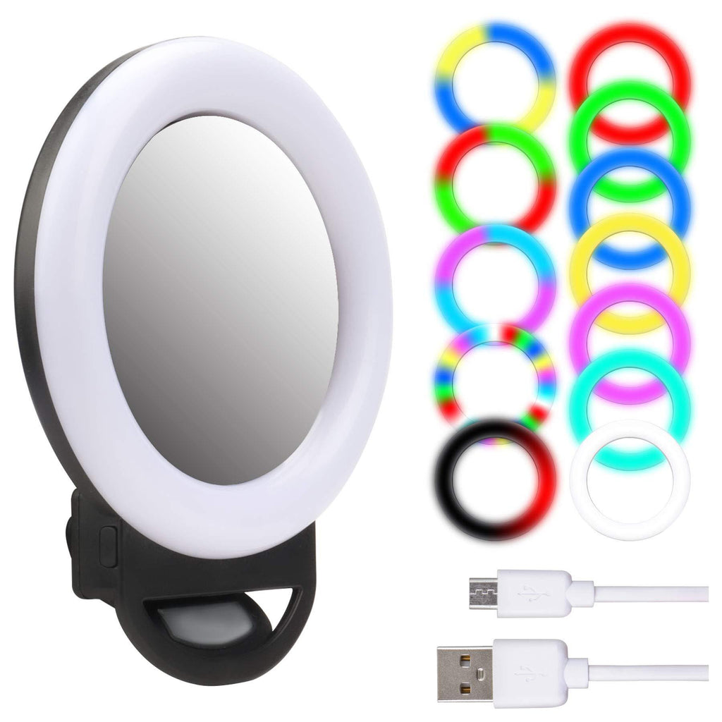Upgraded RGB Selfie Ring Light, Mini LED Clip on Circle Ring Light with Makeup Mirror for Phone Camera Video Recording Live Stream Photography Lighting (13 Light Mode, AL20 Black)