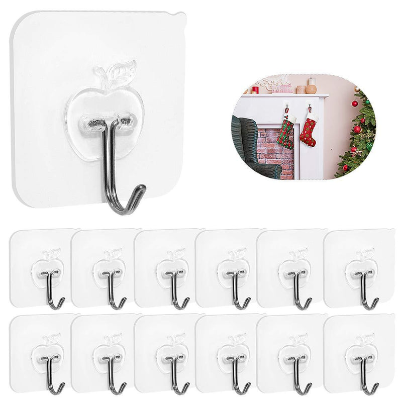 Adhesive Wall Hooks 22lb(Max) Transparent Reusable Seamless Hooks,Waterproof and Oilproof,Bathroom Kitchen Heavy Duty Self Adhesive Hooks,12 Pack-Hushtong 12