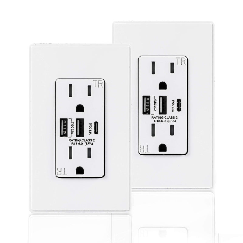 [AUSTRALIA] - Coby USB Wall Outlet Dual High Speed 6.0 Amp USB Ports with Smart Chip, USB Type C Port, 15A Duplex Tamper Resistant Receptacle Electrical Outlet, Pack of 2 White 