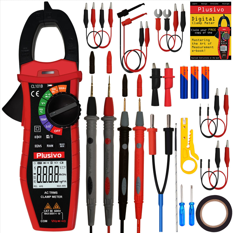 Plusivo Digital T-RMS 6000 Counts, Multimeter, Non Contact Voltage Tester, Auto-ranging, Measures Current Voltage Temperature Capacitance Resistance Diodes Continuity Duty-Cycle (AC Clamp Meter) AC Clamp Meter