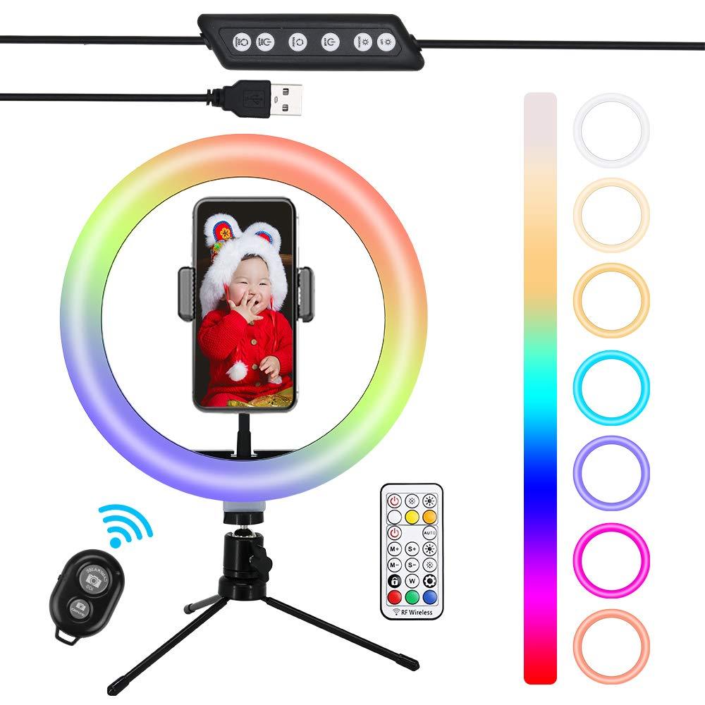 CIPCO PRO TOOL 10" Selfie Circle LED Light Ring Fill Light Makeup Lamps with Adjustable Desktop Tripod Stand, Ball Head, Phone Holder and Wireless Bluetooth Remote (26 Colors RGB LED Light) 26 Colors RGB LED Light