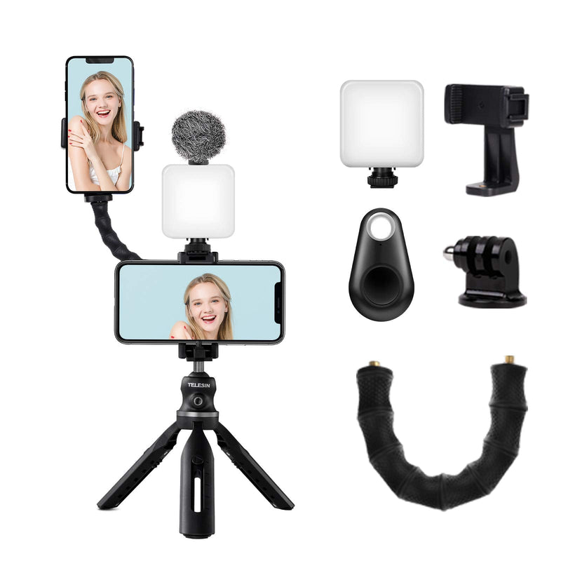 TELESIN iVlogger- iPhone/Android/Camera Vlogging Kit with Video Light, 360 Rotation Tripod Stand, Phone Holder, Camera Adapter, Bluetooth Remote, Extension Arm for Video Recording for YouTube Vlog