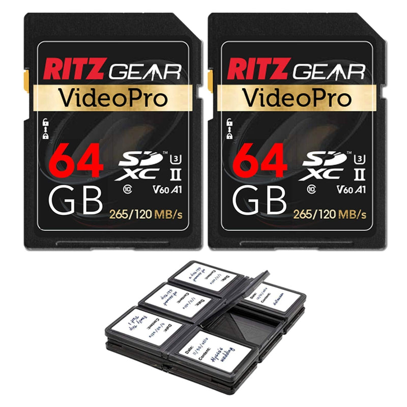 Ritz Gear Extreme Performance Video Pro 64GB 4K 8K Ultra HD SDXC U3 V60 A1 Memory Card 2-Pack (Read 265mb/s 120mb/s Write) 2 Pack Standard Packaging