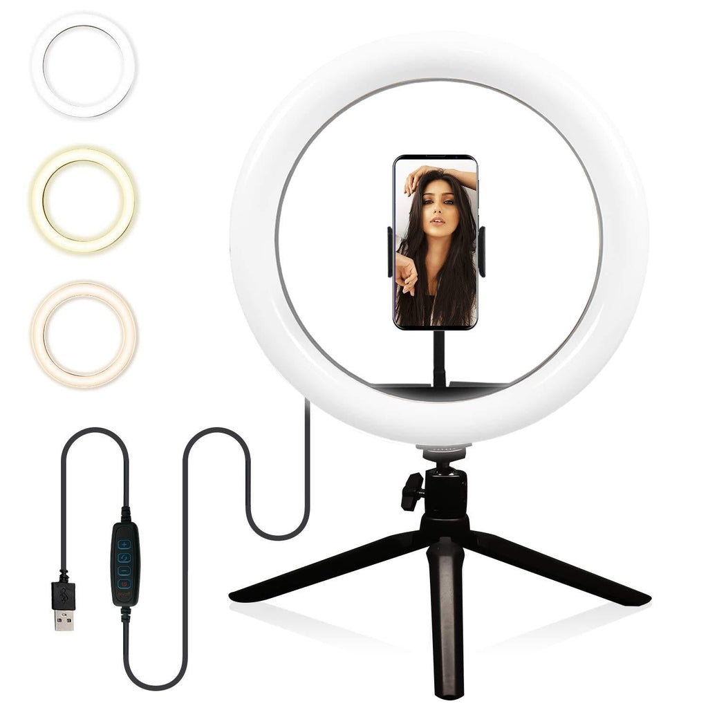 10" LED Ring Light with Mini Tripod Stand& Phone Holder. 3 Dimmable Colors, 10 Adjustable Brightness for Live Streaming/Vlogging/Makeup/Portrait Shooting Compatible with Smartphones Mini Tripod Kit 10" Ring Light