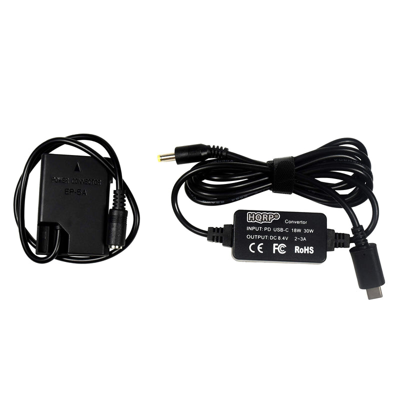 HQRP USB-C DC Converter Compatible with Nikon D3100 D3200 D3300 D3400 D3500 D5100 D5200 D5300 D5500 Coolpix P7000 P7100 P7700 Digital Camera, EP-5A, EN-EL14 AC Adapter Power Cord