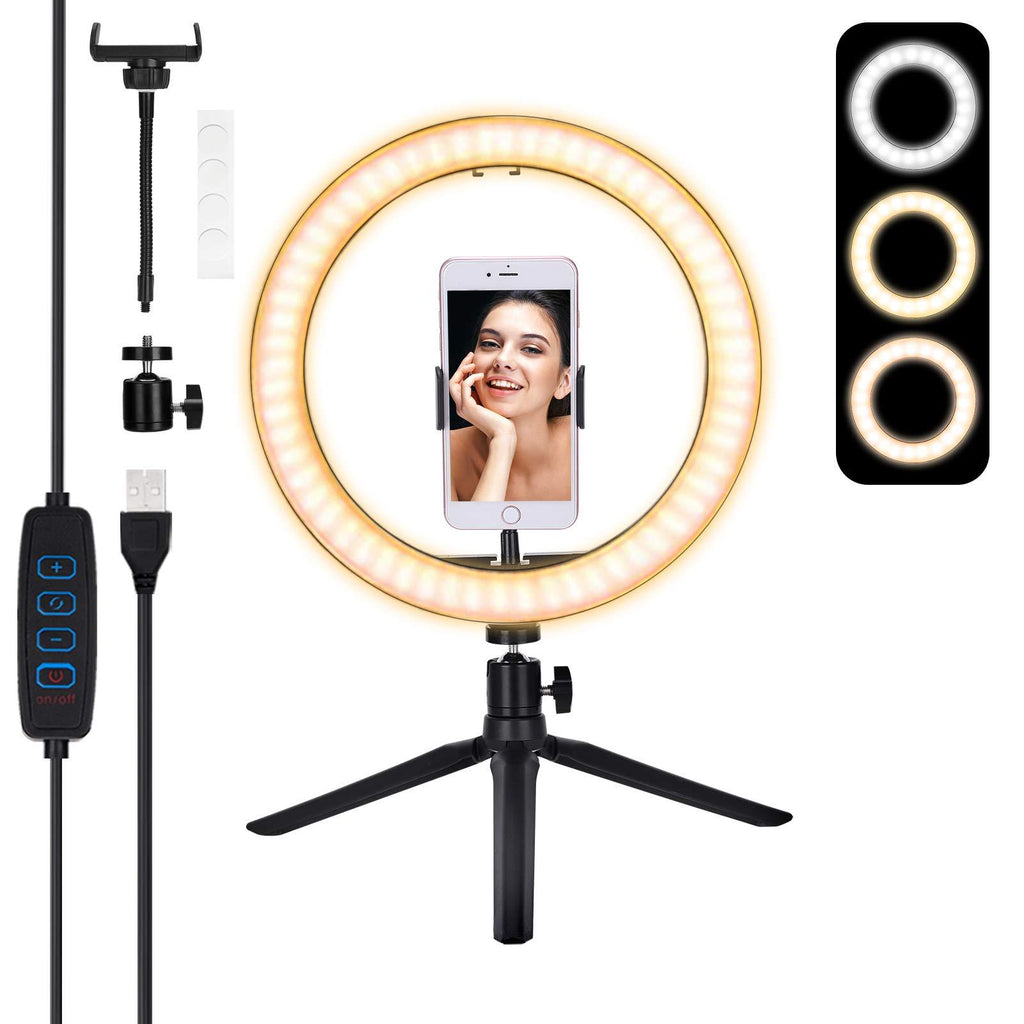 10'' Selfie Ring Light, E EyeGrab 10 inch Ring Light with Stand and Phone Holder, Dimmable Desk Ring Light for Makeup Webcam Streaming YouTube Video conferencing, 3 Color Modes & 10 Brightness Level